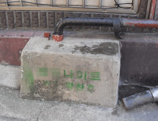                       ▲ 길에 초록색 페인트로 새겨진       OO나이트클럽 광고      
