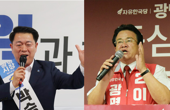 							6.13 지방선거의 공식선거운동이 31일 0시부터 시작됐다. 사진은 왼쪽부터 더불어민주당 박승원, 자유한국당 이효선 광명시장 후보