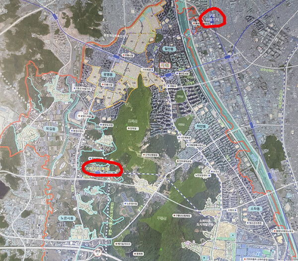 구로차량기지 현부지(위)와 광명노온사동 예정부지(아래)